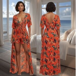 RIPE Boutique Orange Floral Kimono Romper Maxi Dress- Size S
